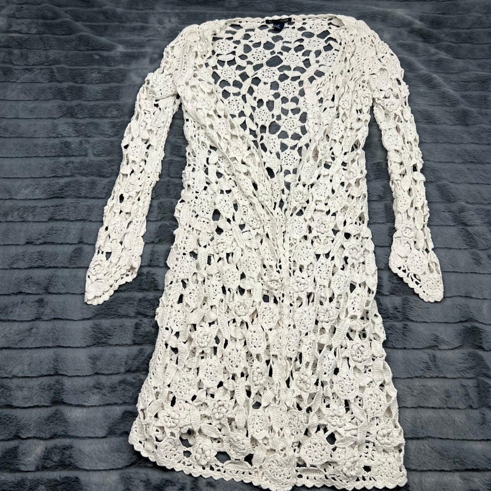 Boston Proper Cream Floral Crochet Linen Blend Duster Cardigan Womens Medium
